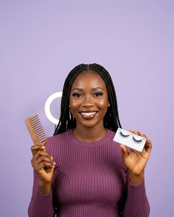 Halima, an AI-generated character, holding a comb and lashes
