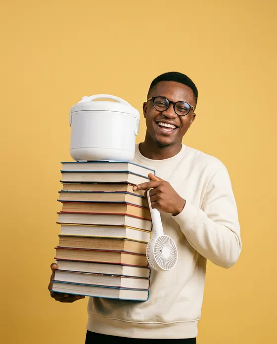 Tolu, an AI-generated character, carrying books and a rice cooker