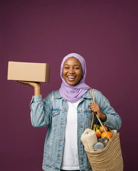 Zainab, an AI-generated character, holding a parcel and a basket of provisions