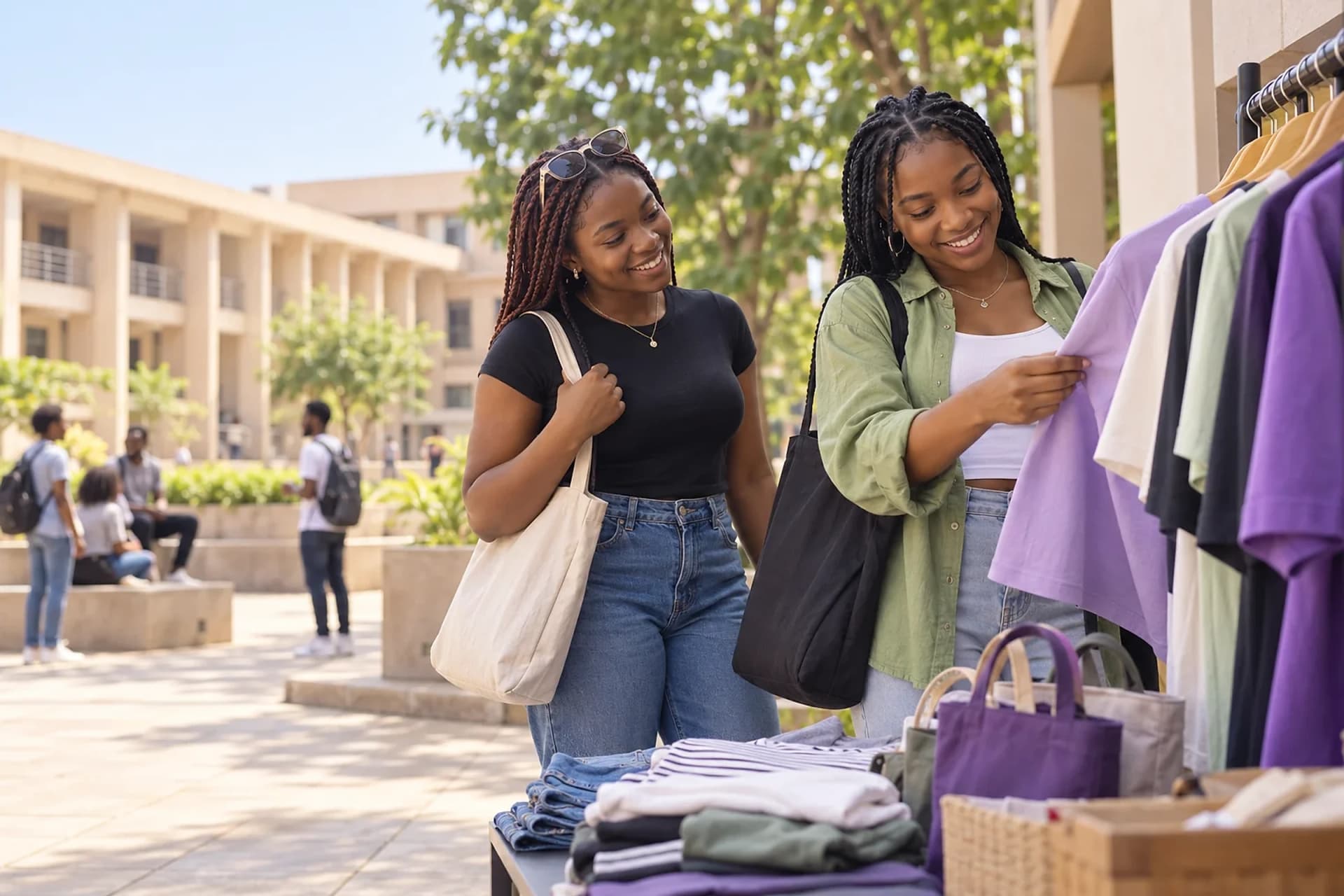 An adult student browsing an everyday clothing display on campus