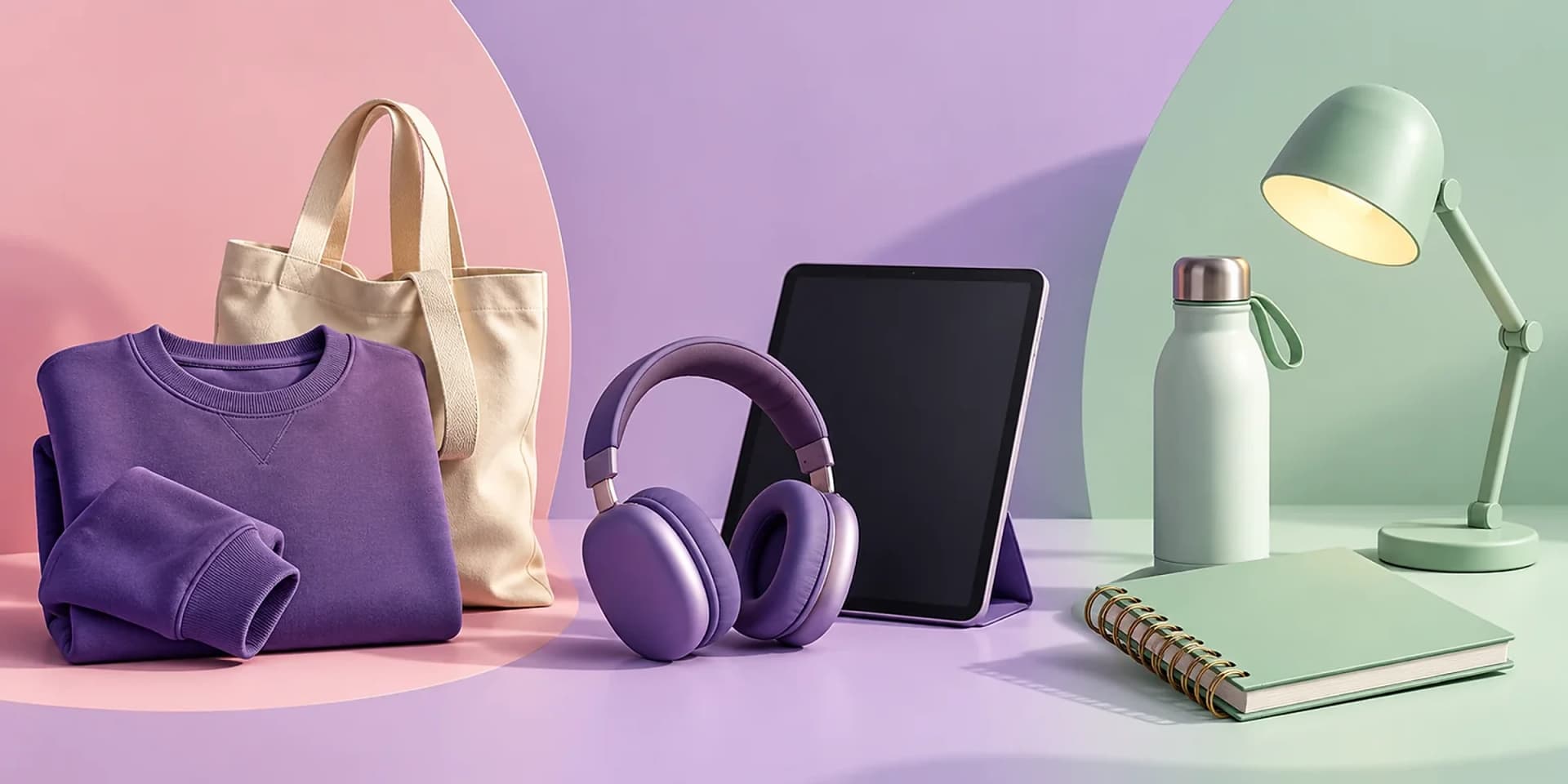 A sweatshirt and tote, headphones and tablet, and notebook with study essentials