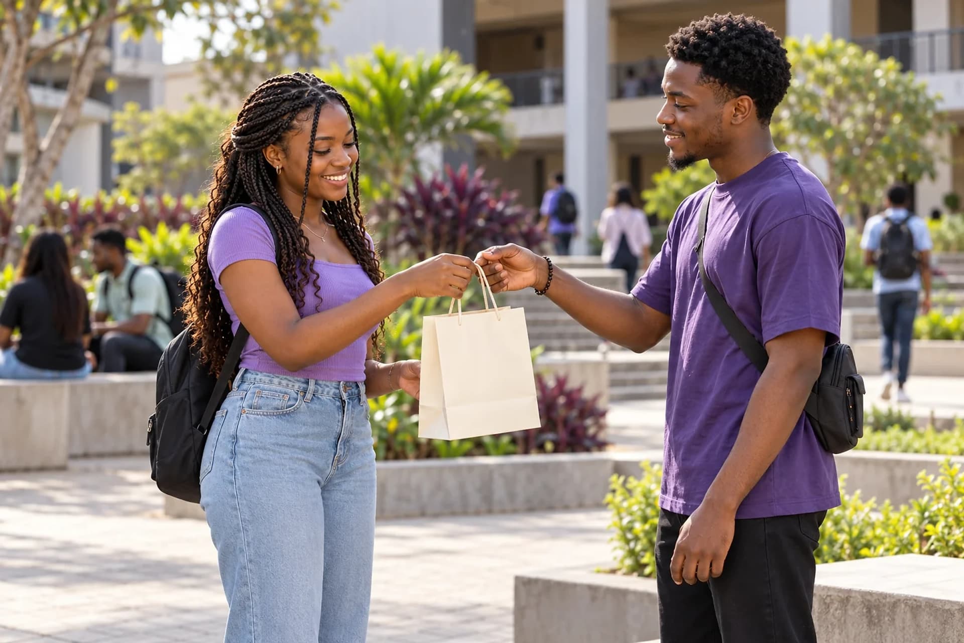 Adult students checking a purchase together at handover
