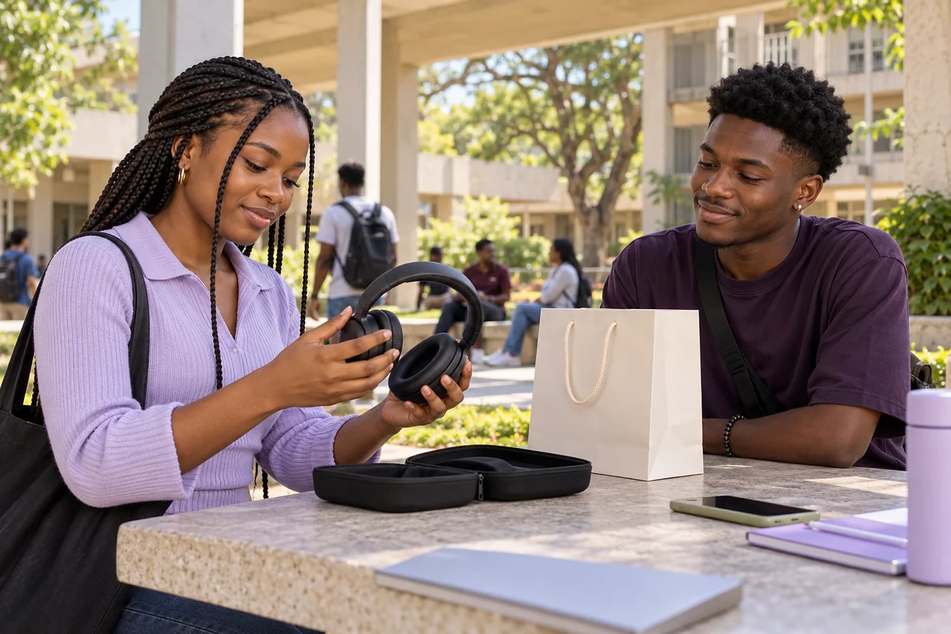 Two adult students inspecting a purchase together at a public campus meeting point