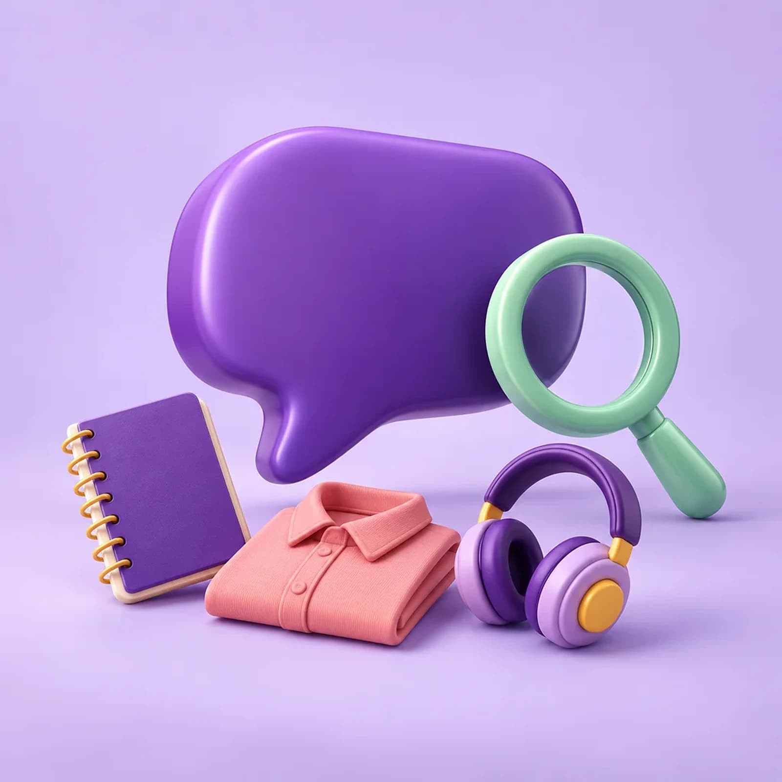 A purple conversation bubble with a mint magnifying glass, notebook, shirt, and headphones