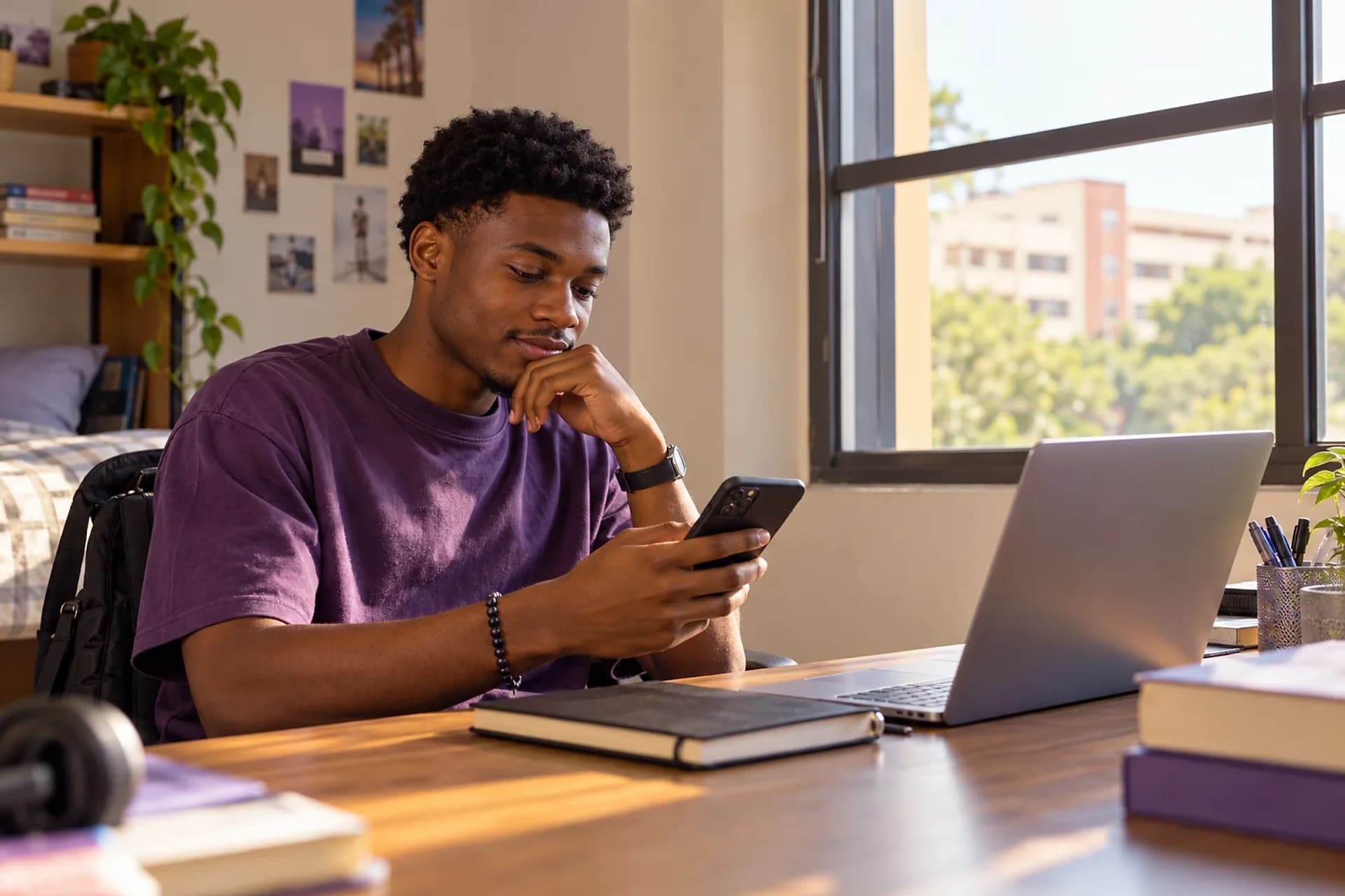An adult student considering a phone beside a laptop and closed notebook at a sunlit study desk